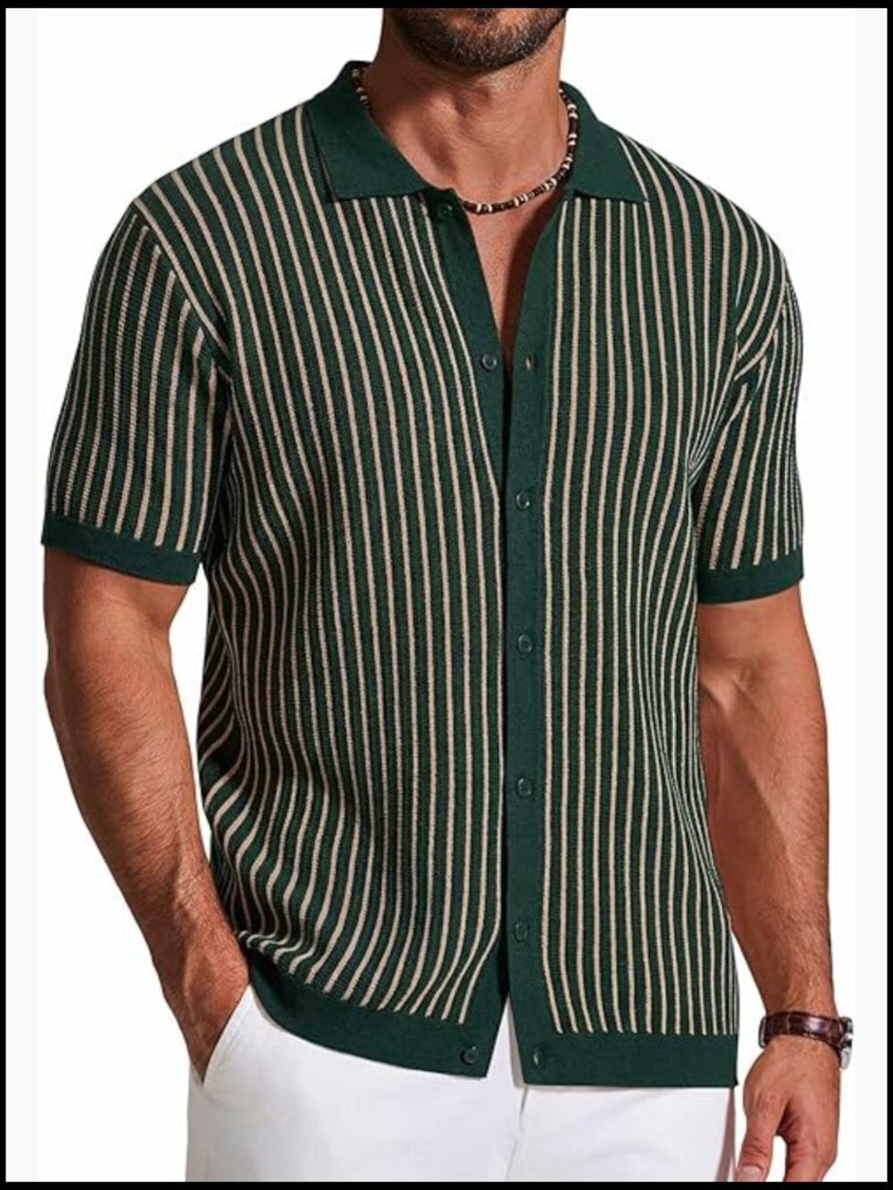 Mens Knit Button Down Shirt Short Sleeve Vintage Striped Polo Shirt Casual